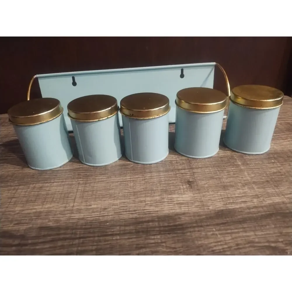 5 Small Tin Kitchen Canisters Lids Blue Bug Butterfly 3